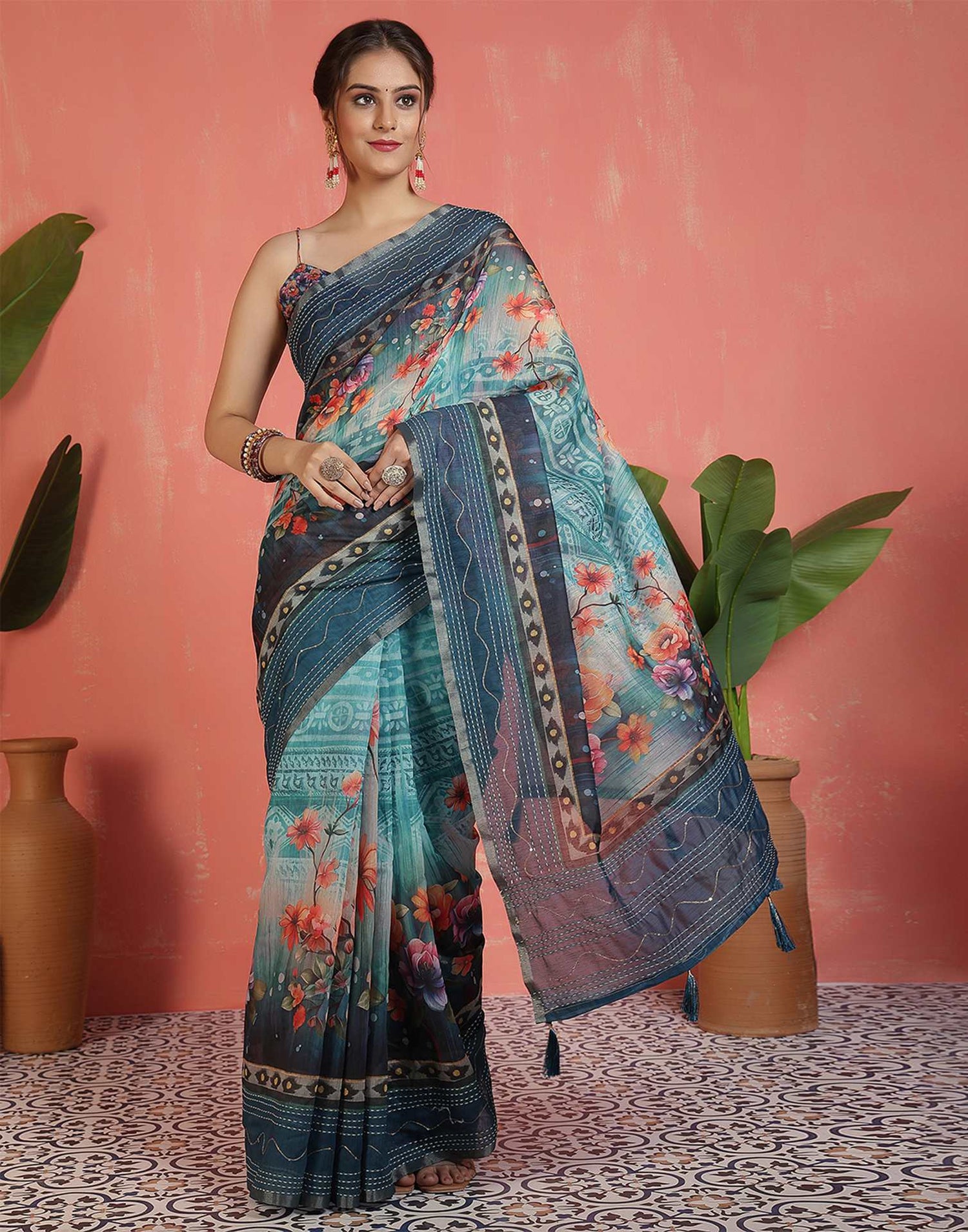 Rama Blue Chanderi Printed Saree
