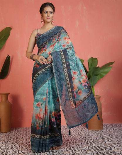 Rama Blue Chanderi Printed Saree