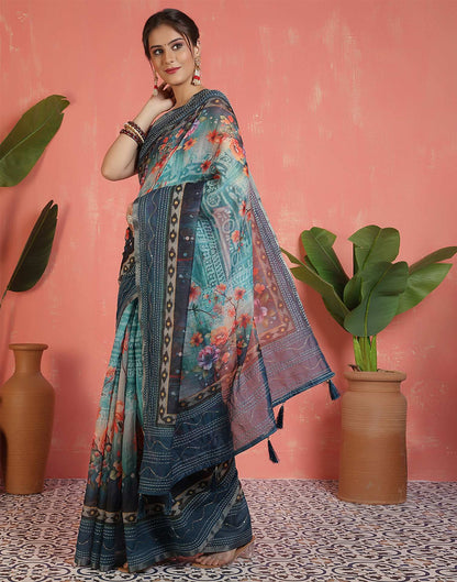 Rama Blue Chanderi Printed Saree
