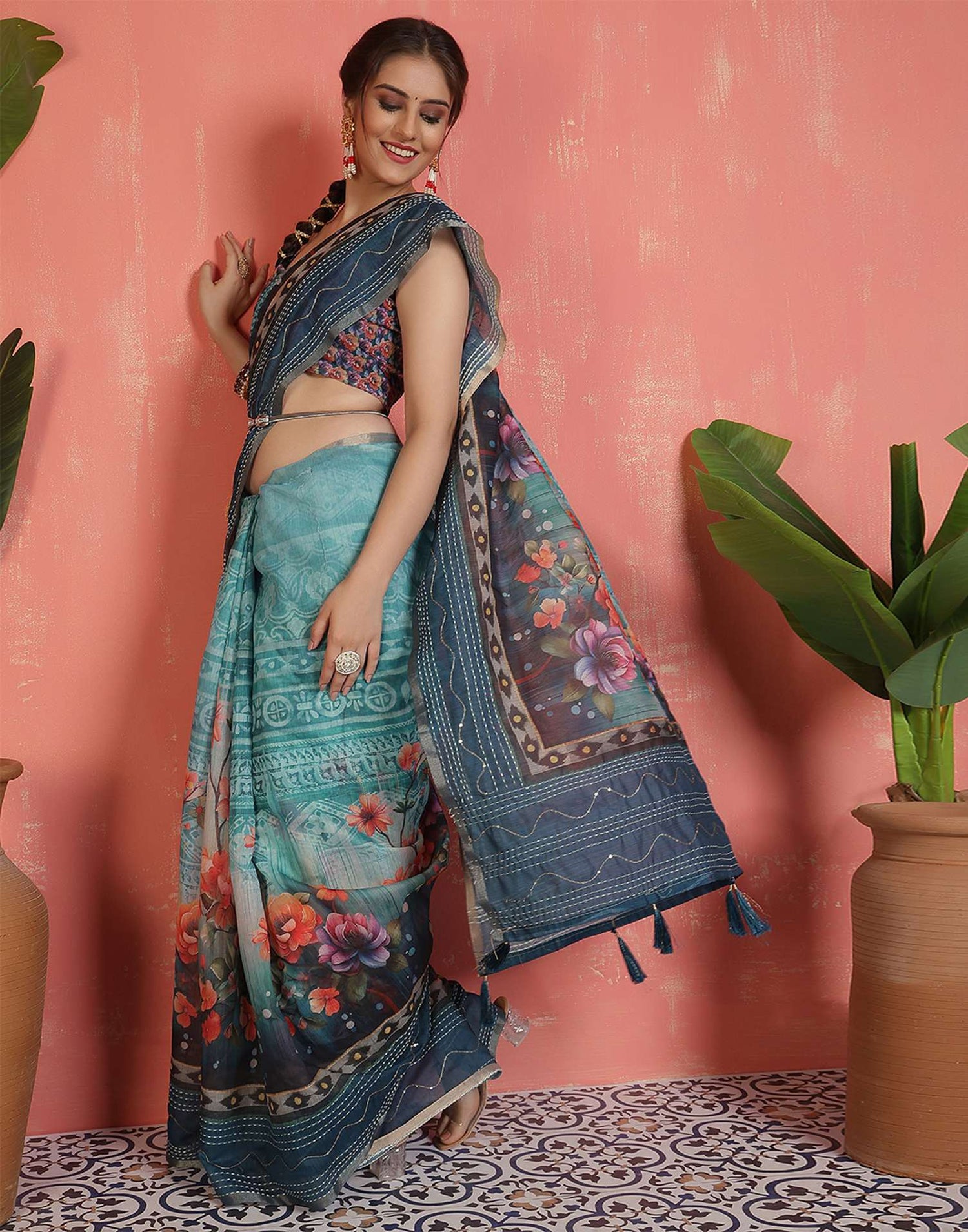 Rama Blue Chanderi Printed Saree