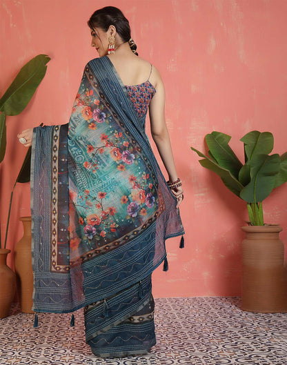 Rama Blue Chanderi Printed Saree