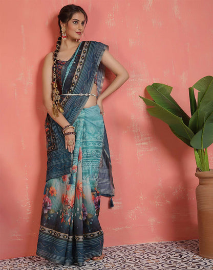 Rama Blue Chanderi Printed Saree