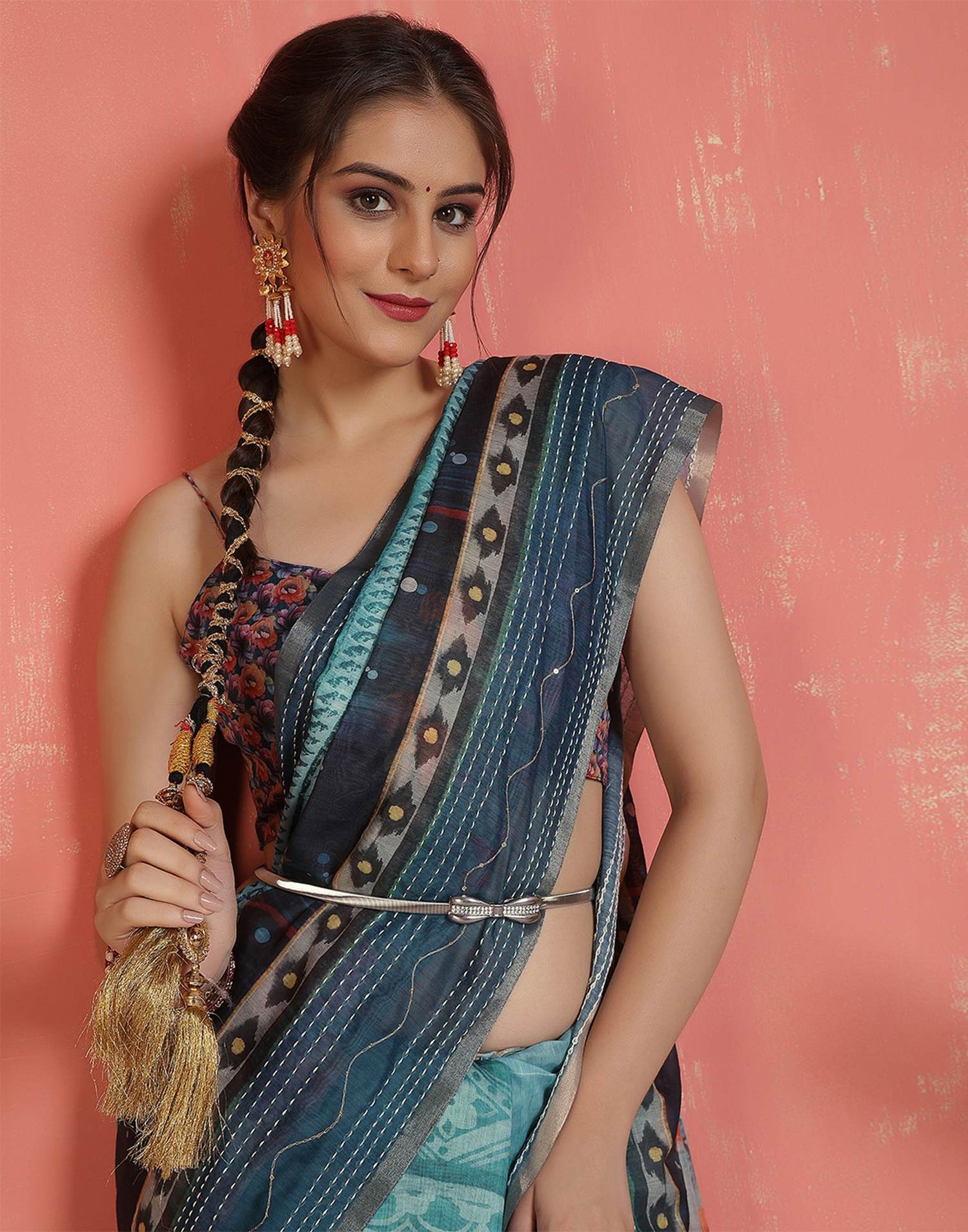 Rama Blue Chanderi Printed Saree