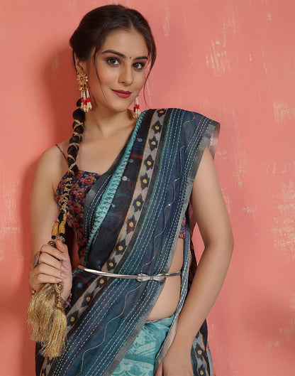 Rama Blue Chanderi Printed Saree