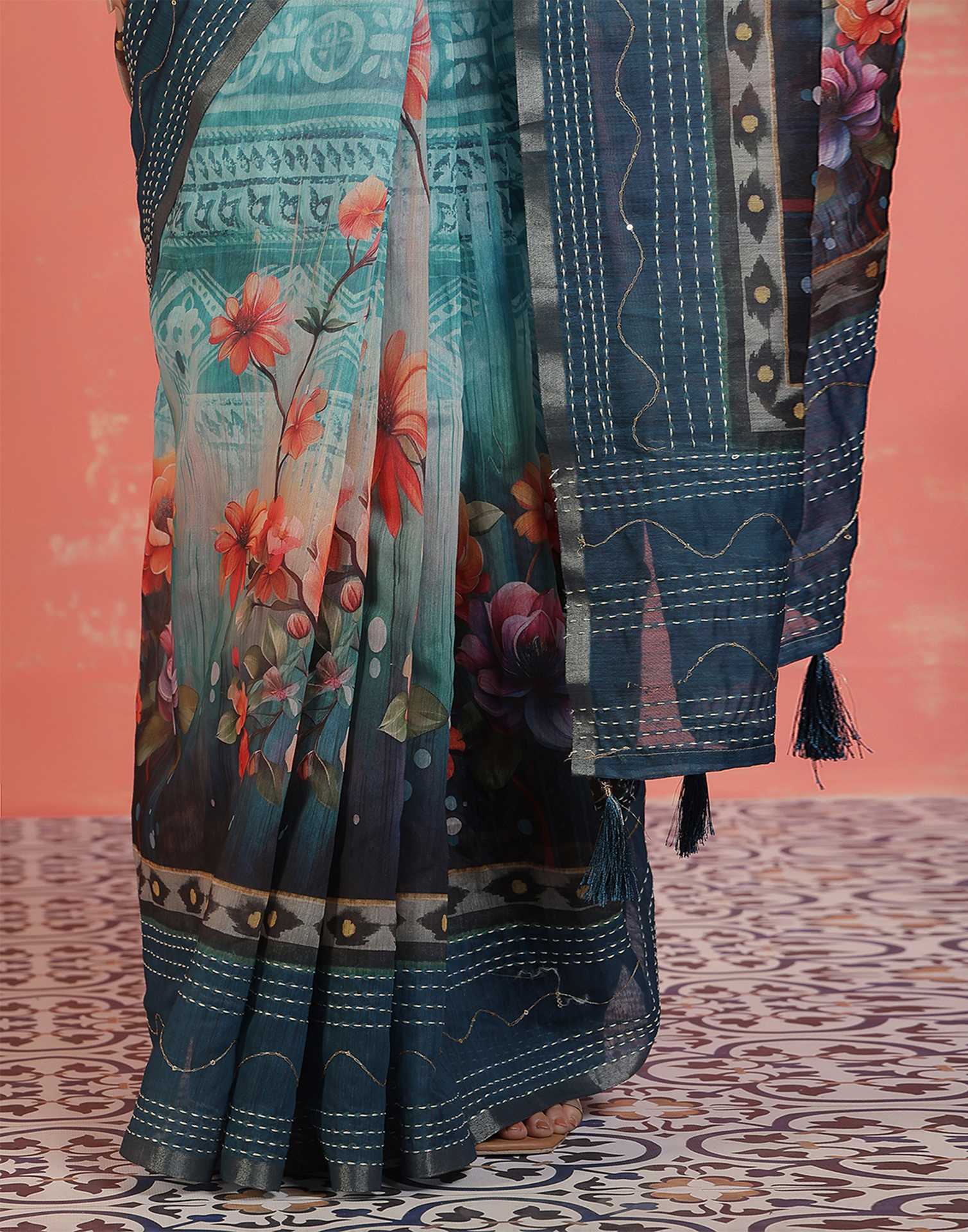 Rama Blue Chanderi Printed Saree