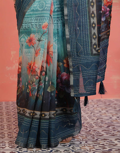 Rama Blue Chanderi Printed Saree