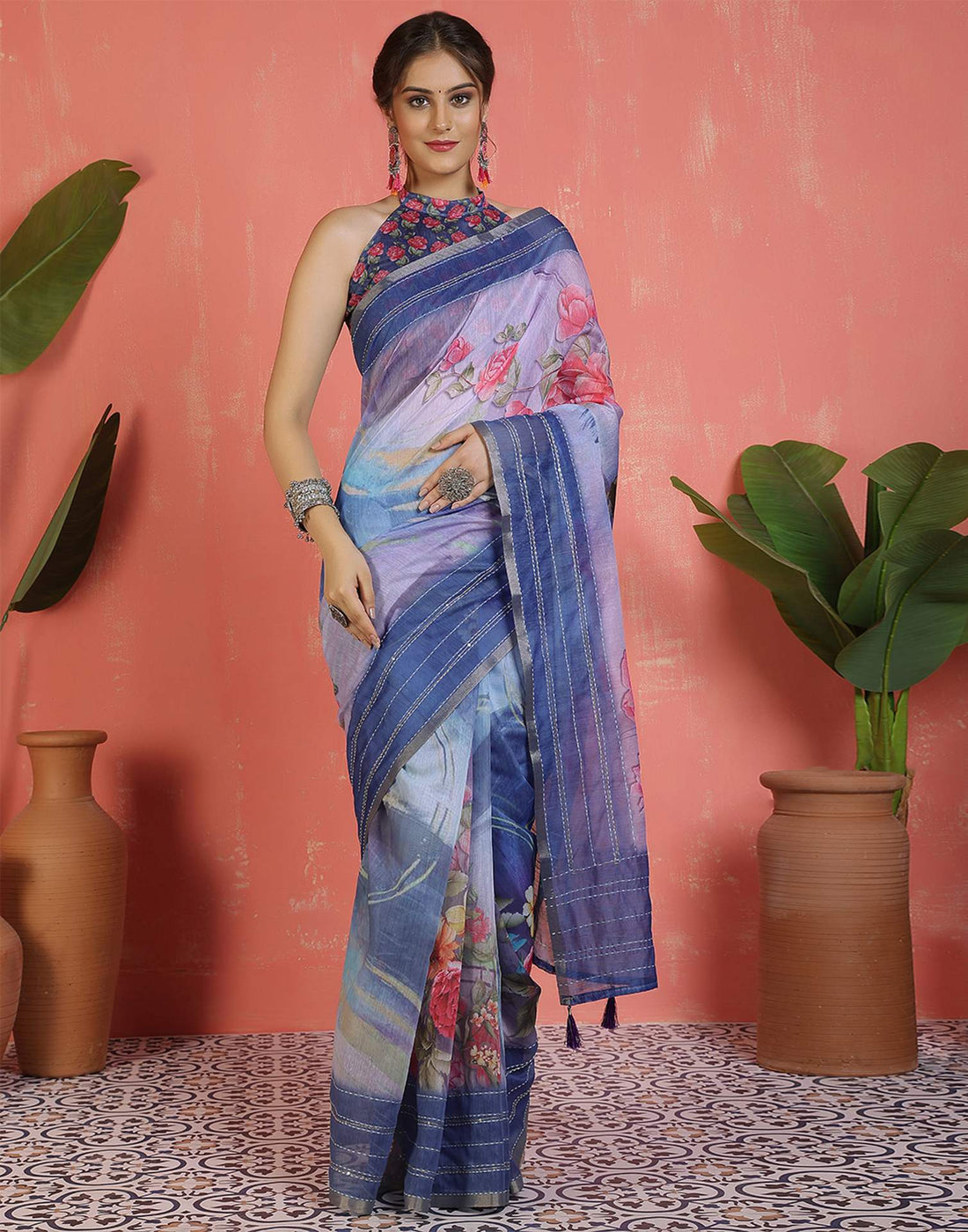 Blue Chanderi Printed Saree