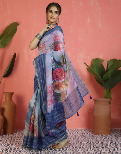 Blue Chanderi Printed Saree