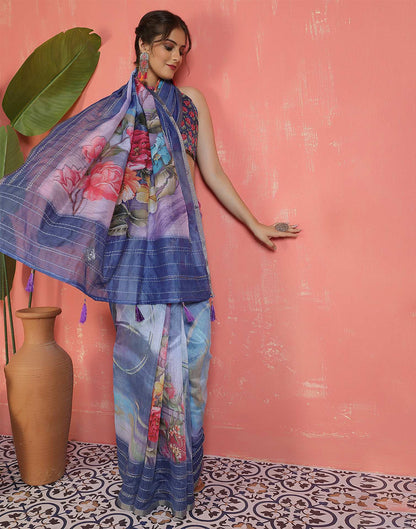 Blue Chanderi Printed Saree
