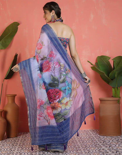 Blue Chanderi Printed Saree