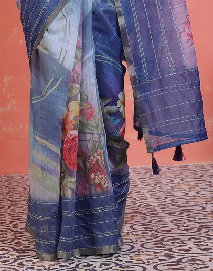 Blue Chanderi Printed Saree