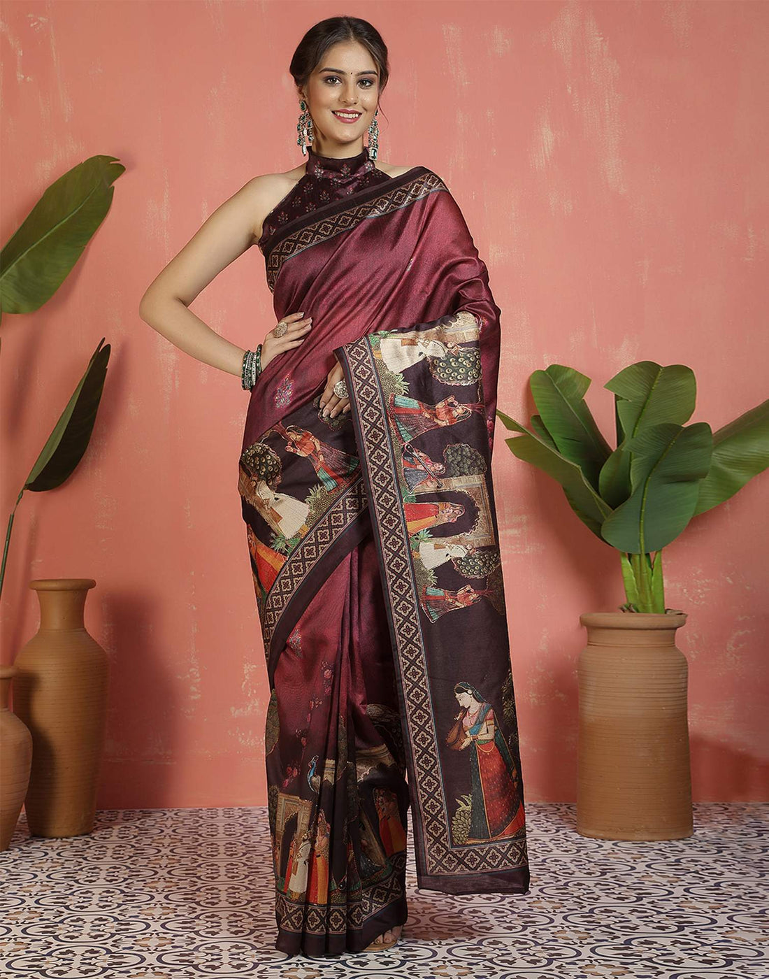 Maroon Silk Printed Saree