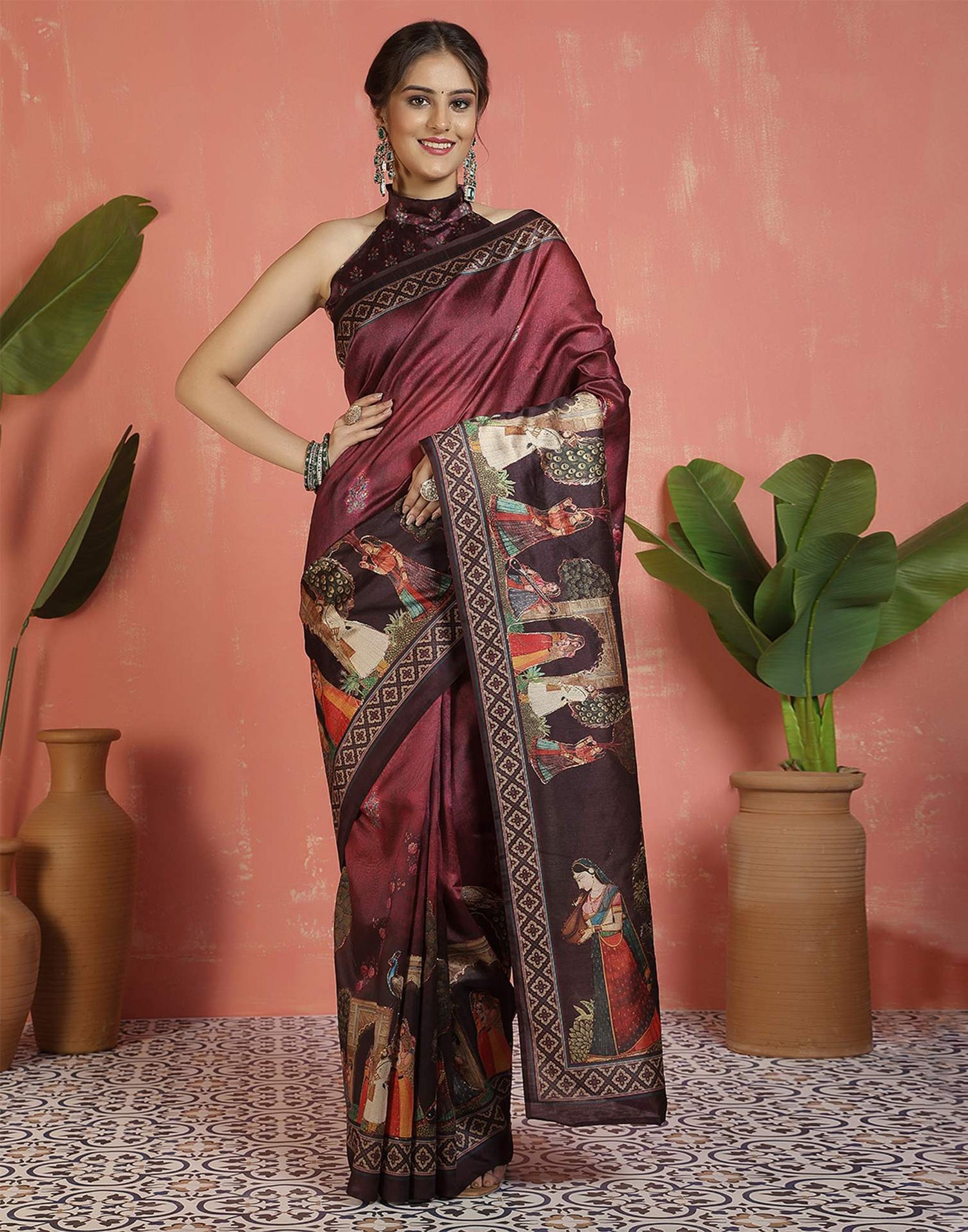 Maroon Silk Printed Saree