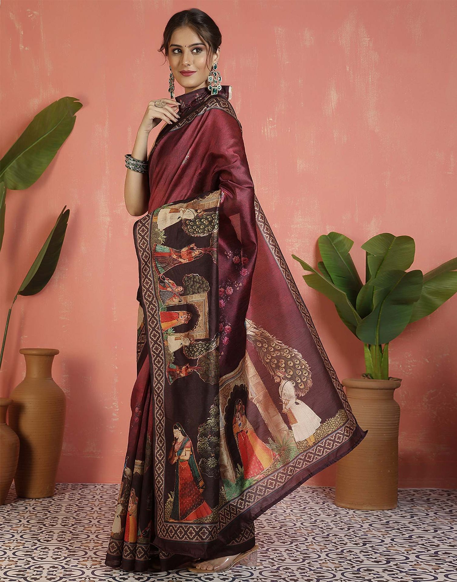 Maroon Silk Printed Saree