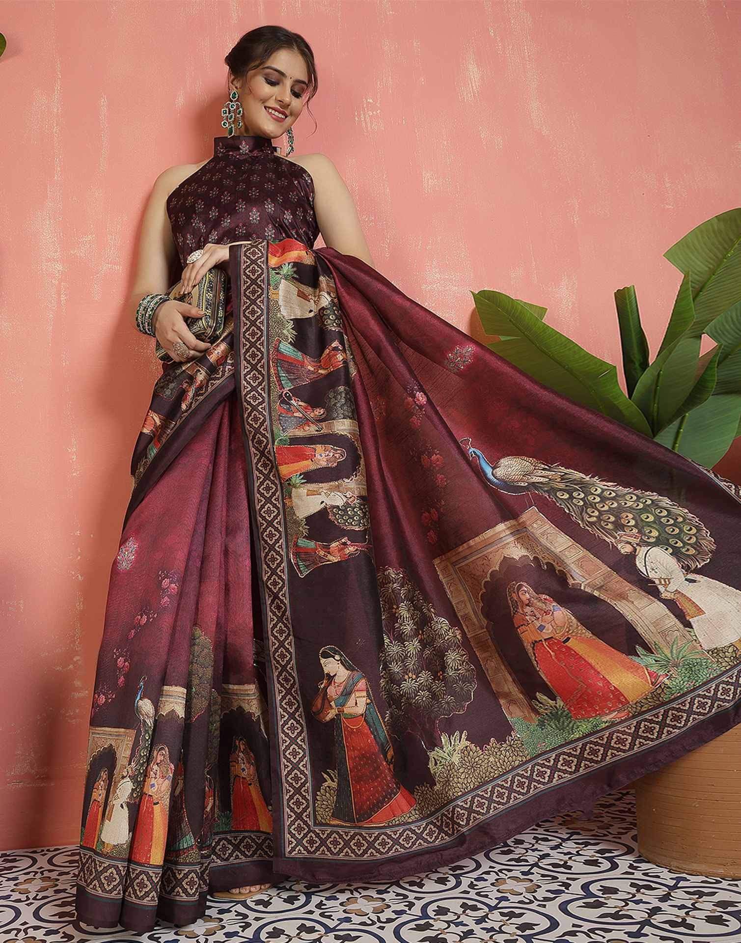 Maroon Silk Printed Saree