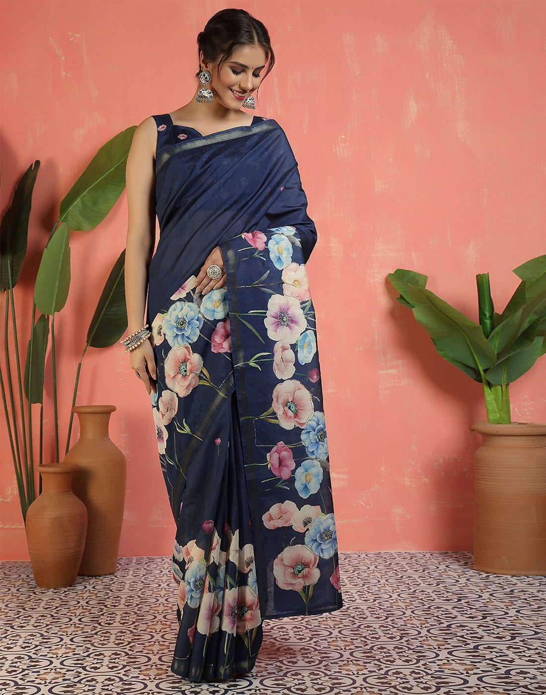 Navy Blue Silk Printed Saree