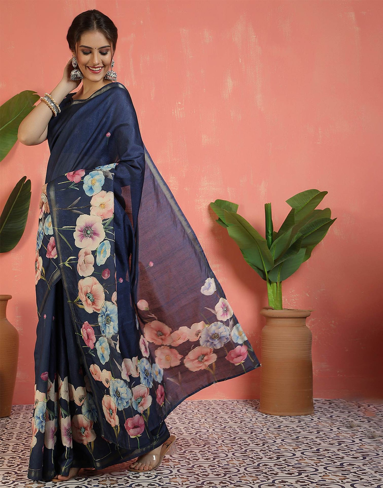Navy Blue Silk Printed Saree