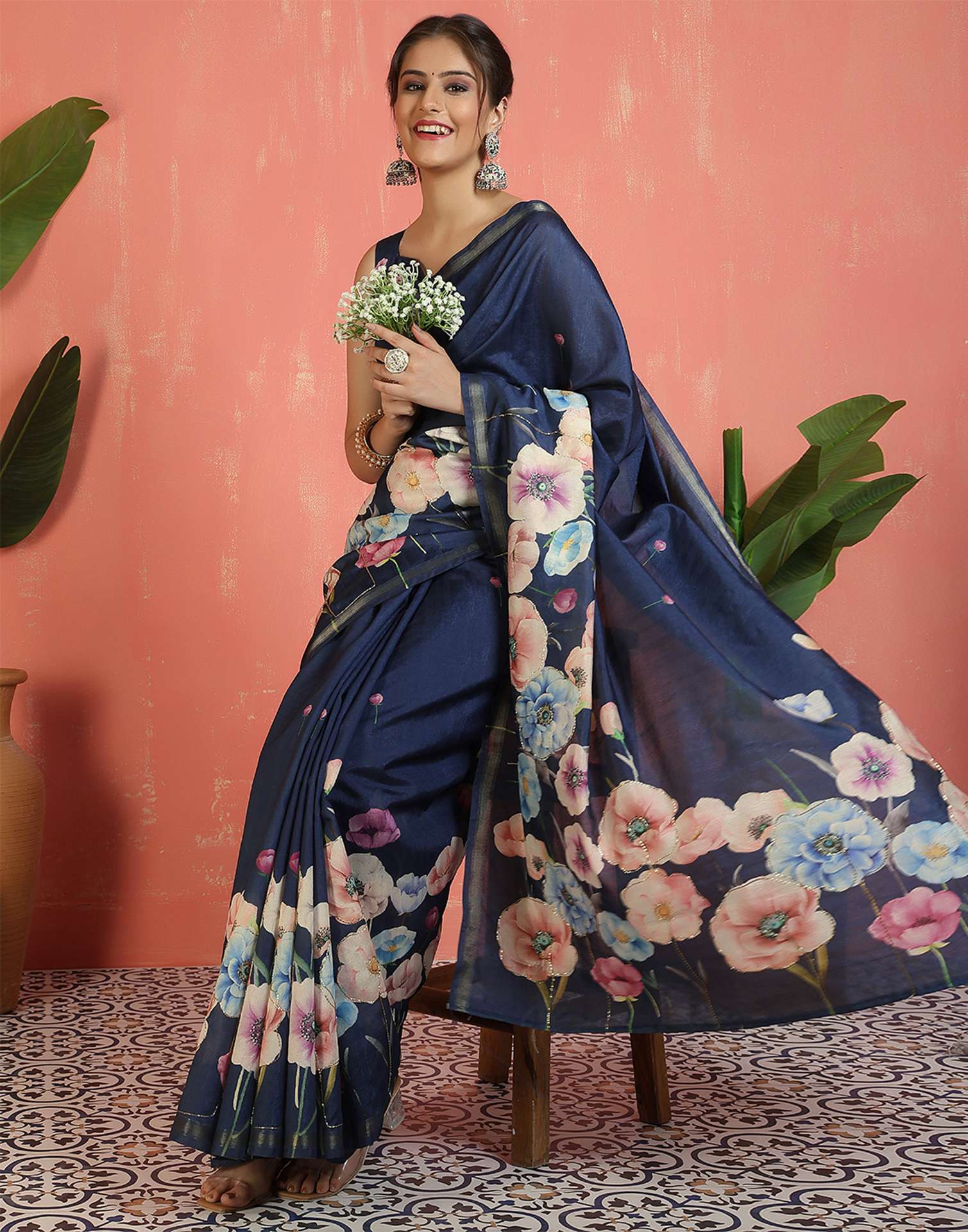 Navy Blue Silk Printed Saree