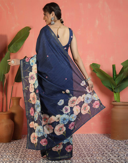 Navy Blue Silk Printed Saree