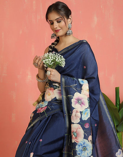 Navy Blue Silk Printed Saree
