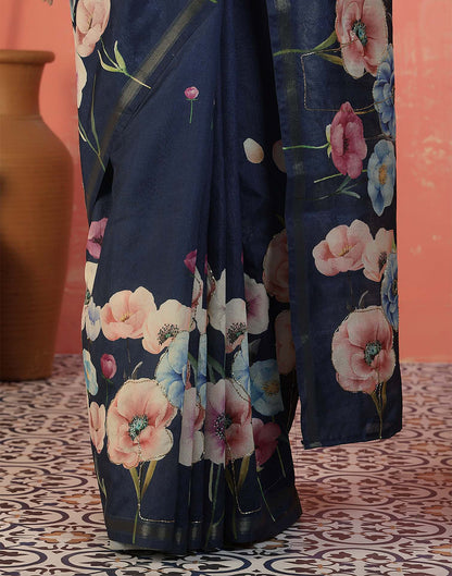 Navy Blue Silk Printed Saree