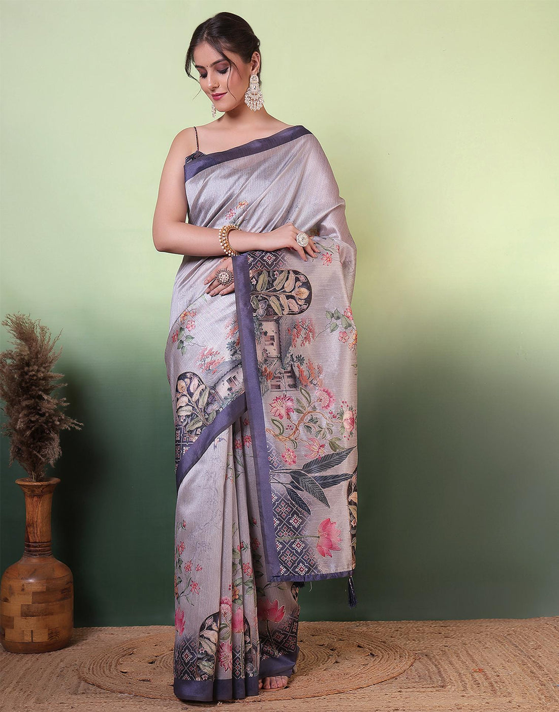 Grey Silk Printed Saree