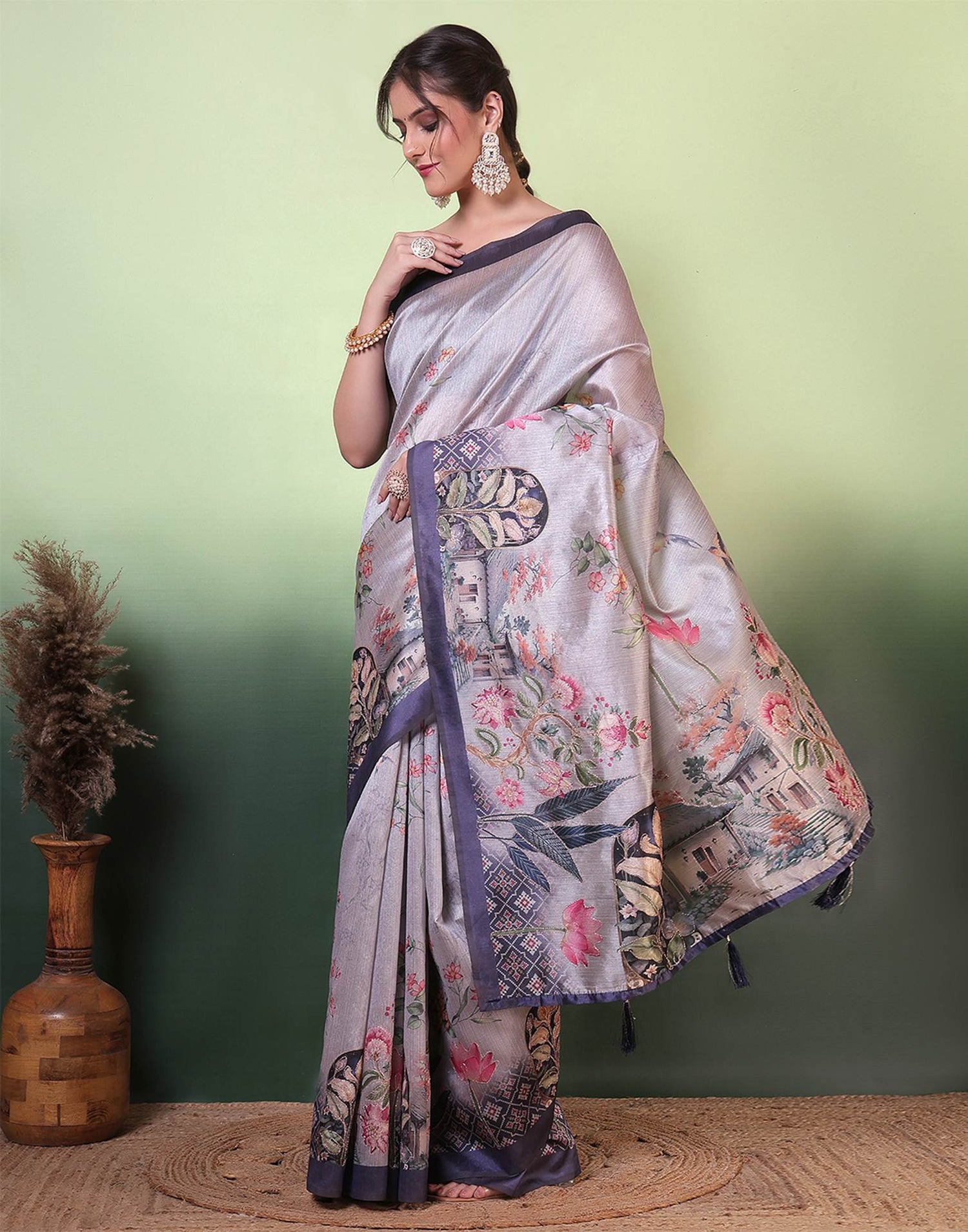 Grey Silk Printed Saree