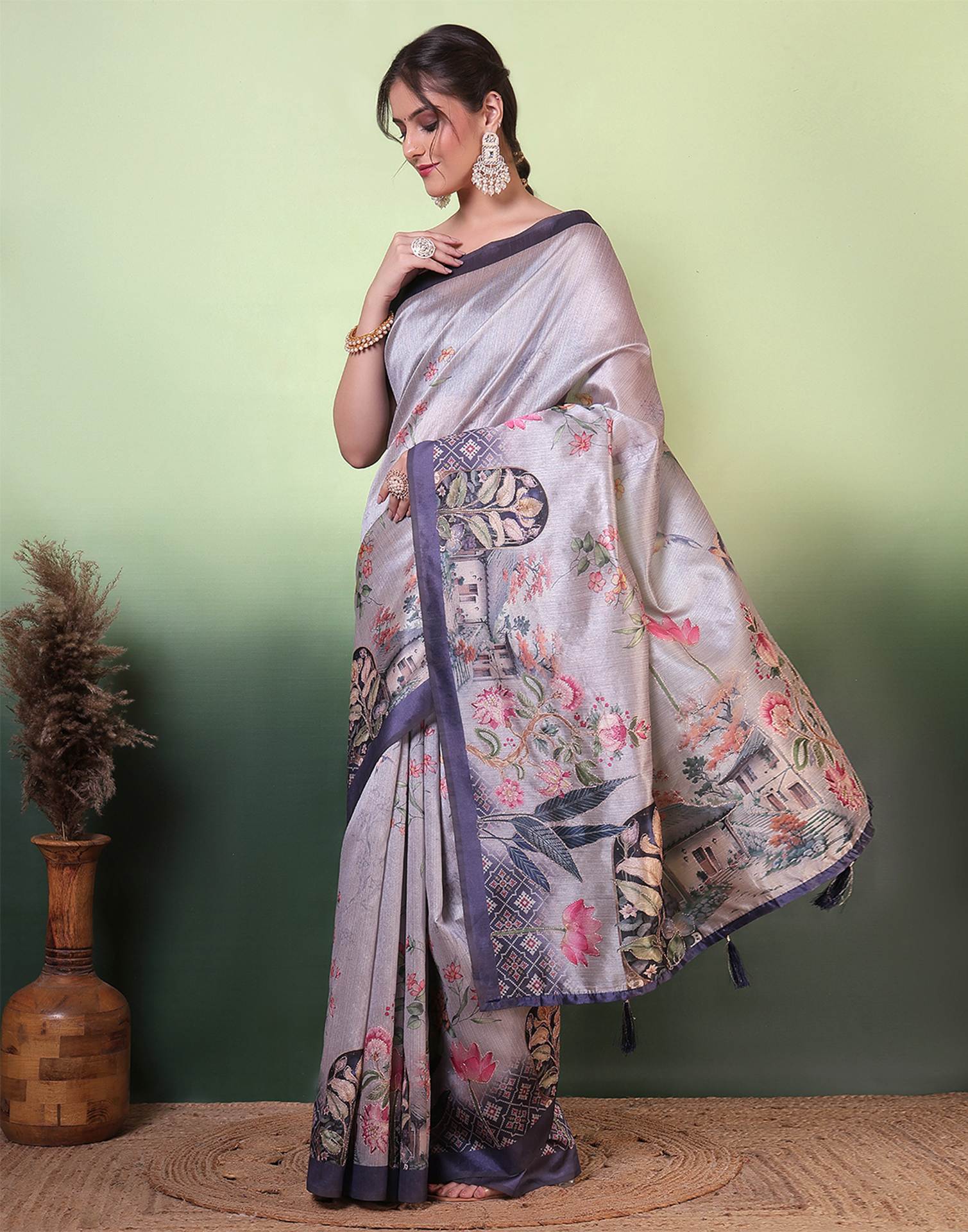 Grey Silk Printed Saree