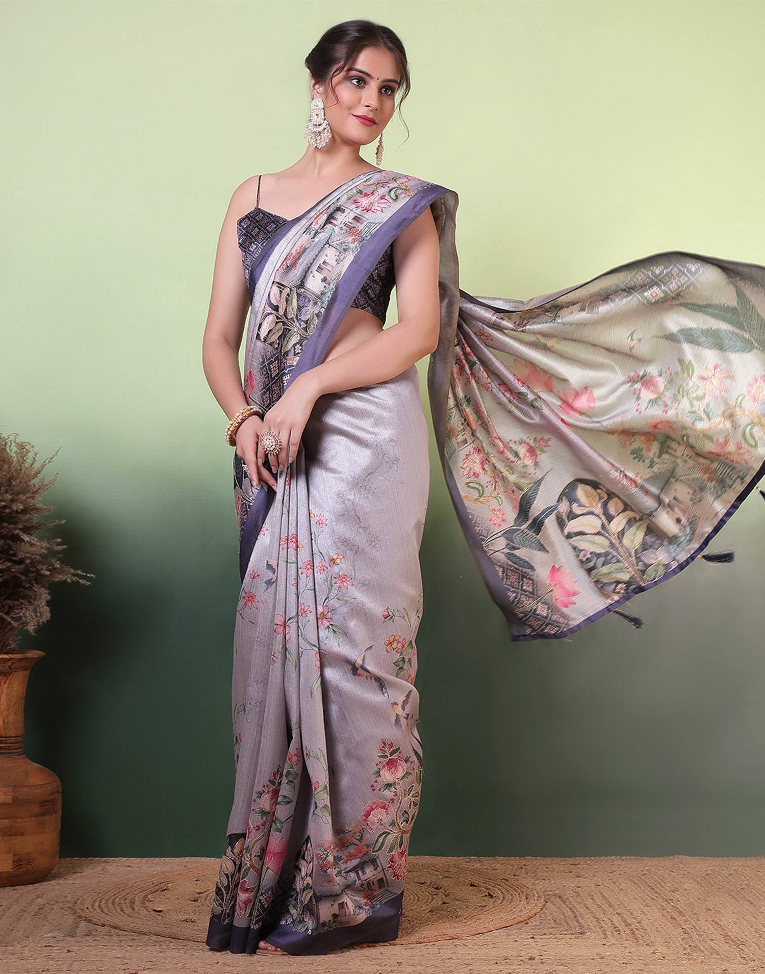 Grey Silk Printed Saree