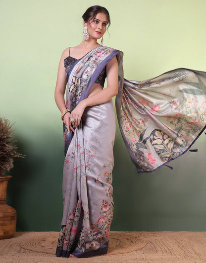 Grey Silk Printed Saree