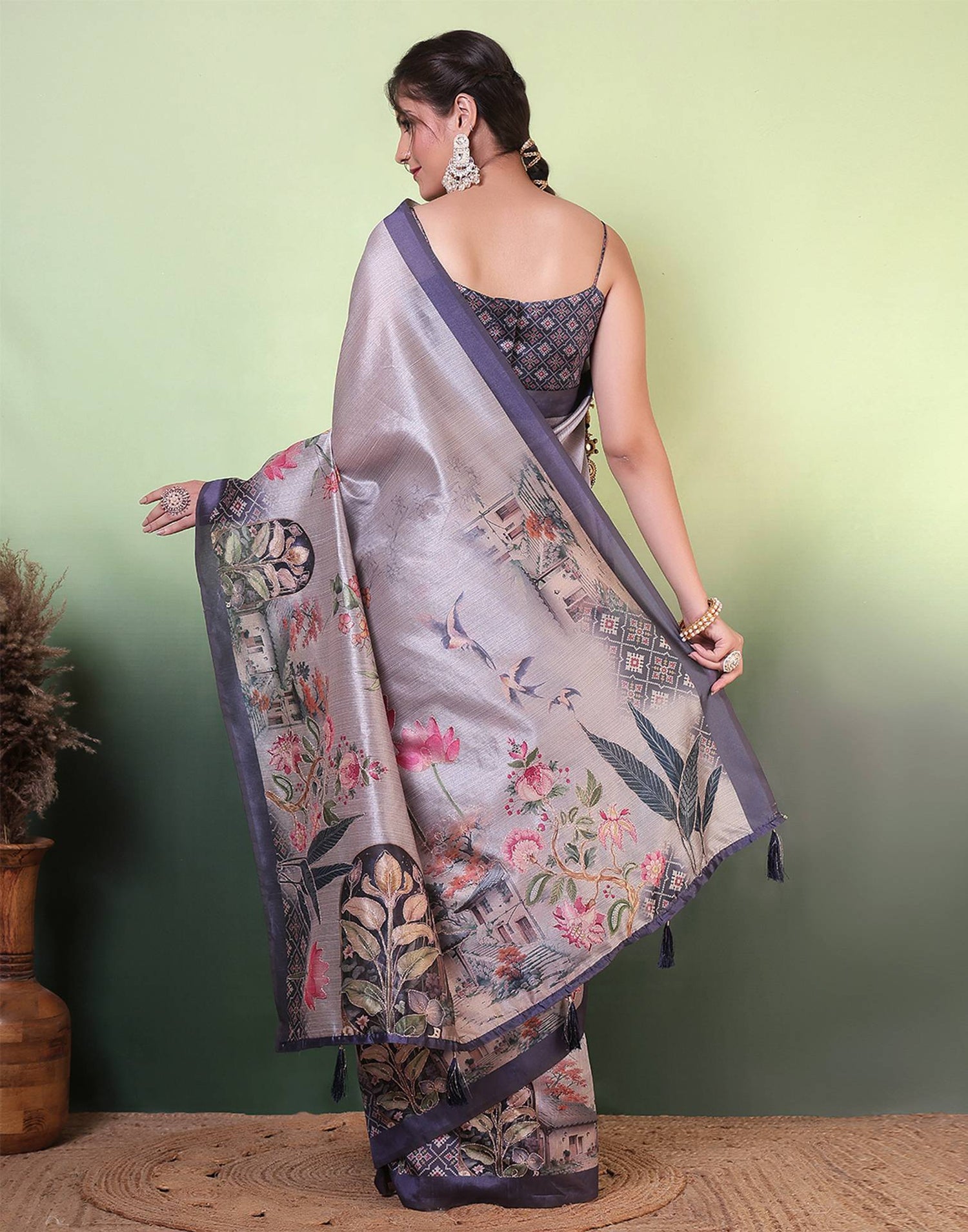 Grey Silk Printed Saree