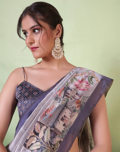 Grey Silk Printed Saree
