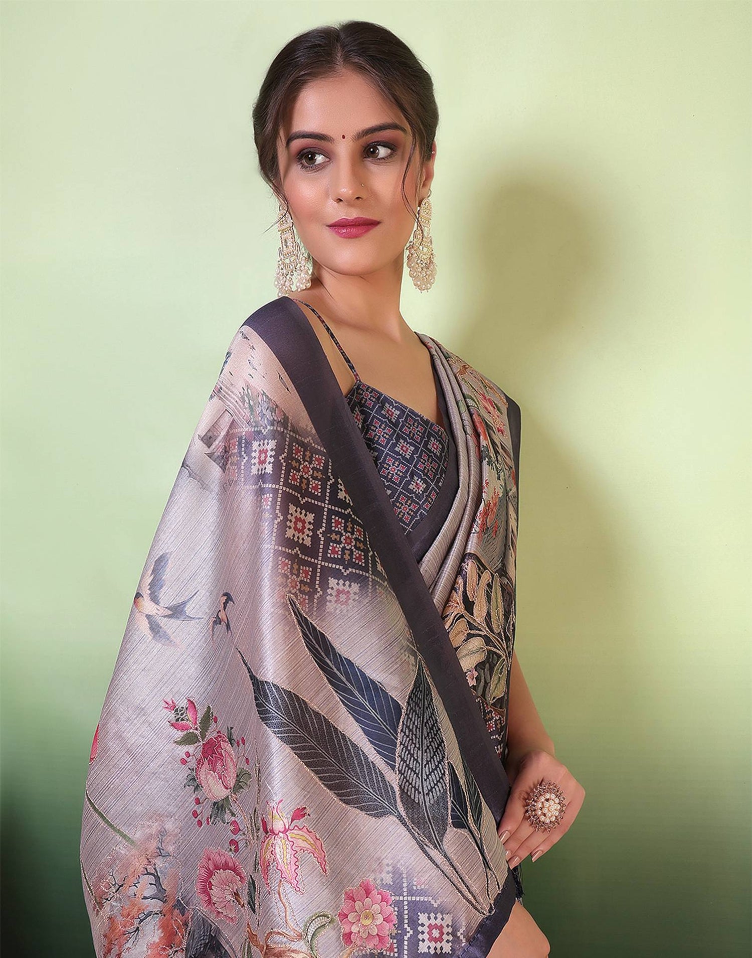 Grey Silk Printed Saree