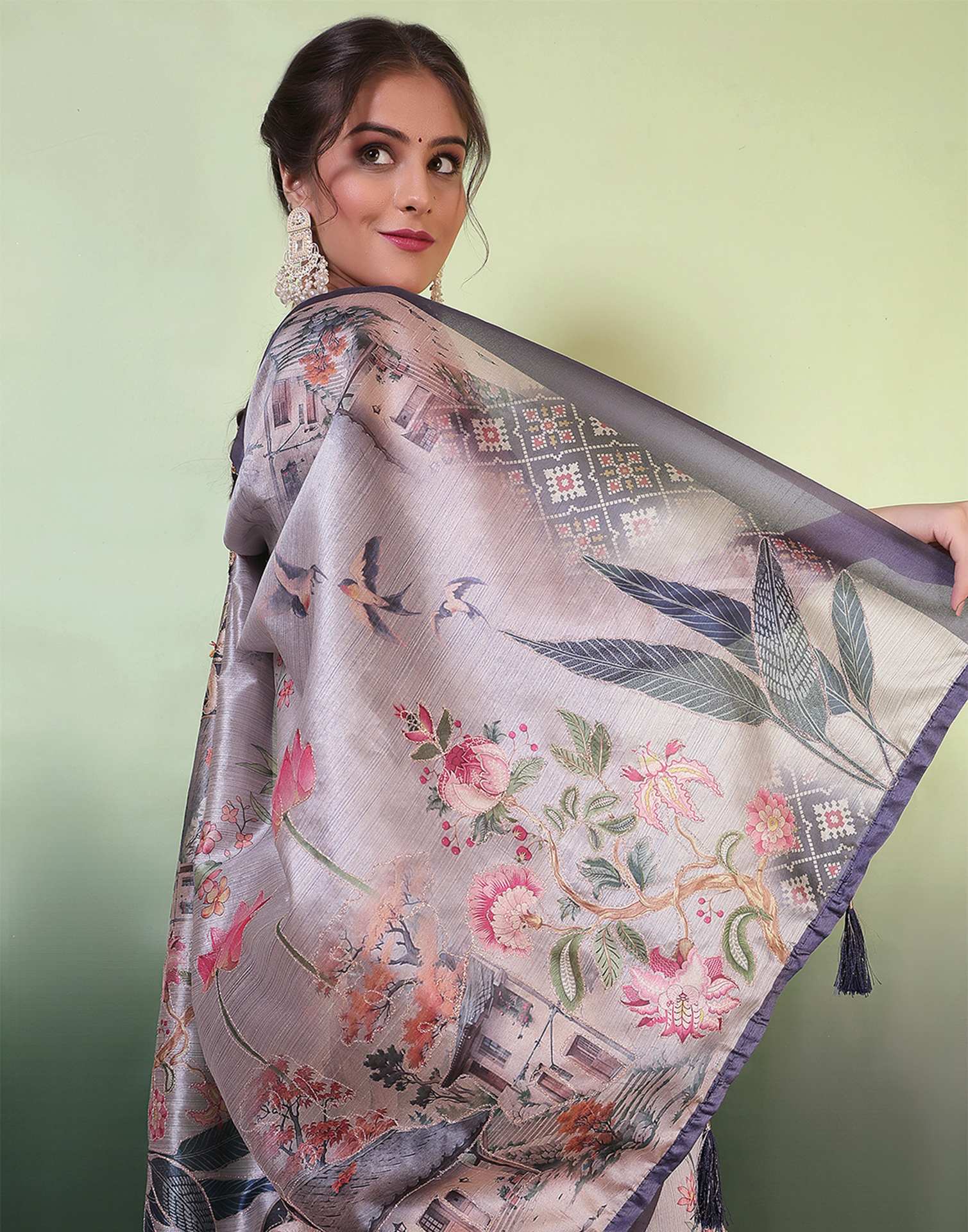 Grey Silk Printed Saree