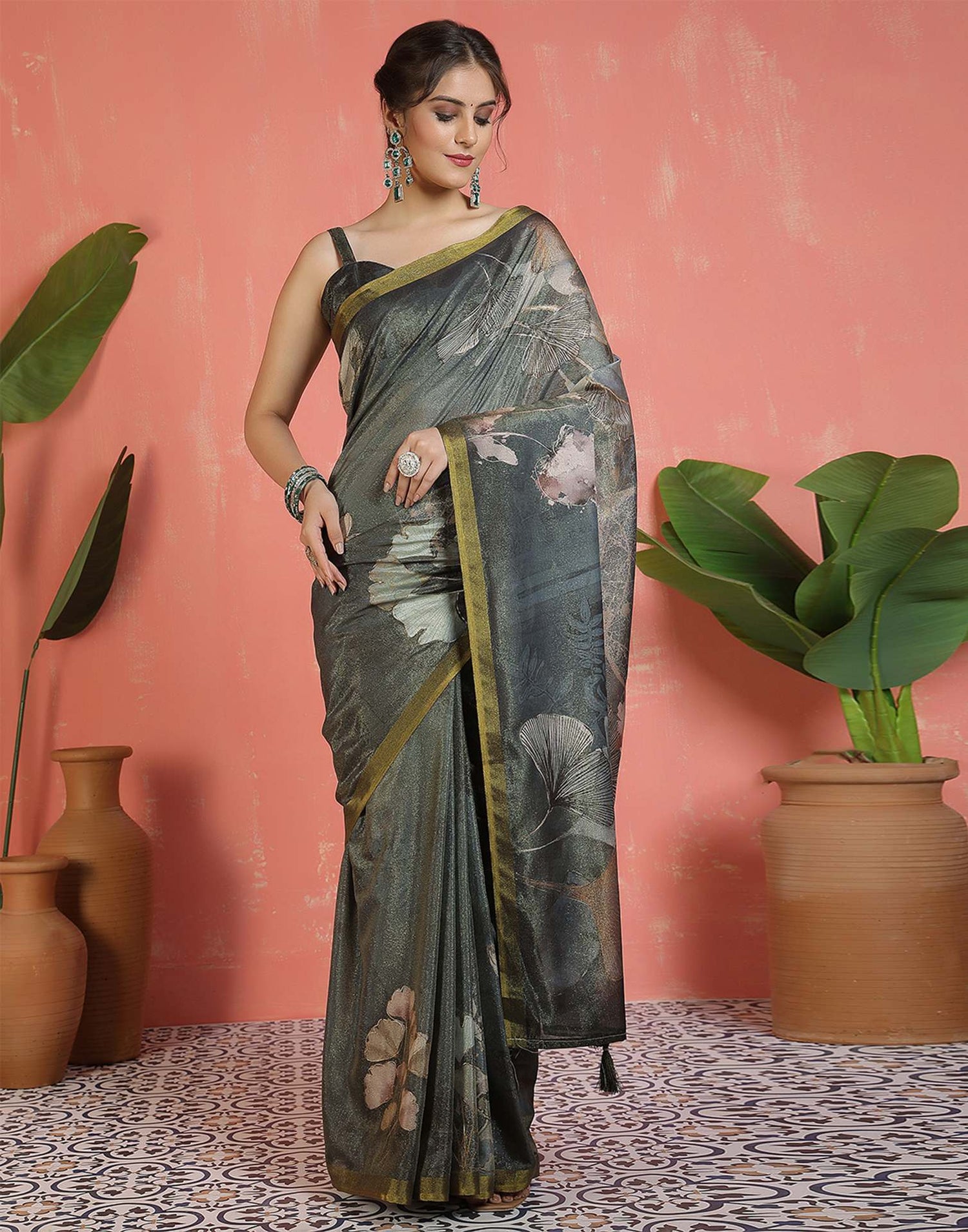 Dark Green Shimmer Printed Saree