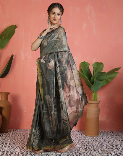 Dark Green Shimmer Printed Saree