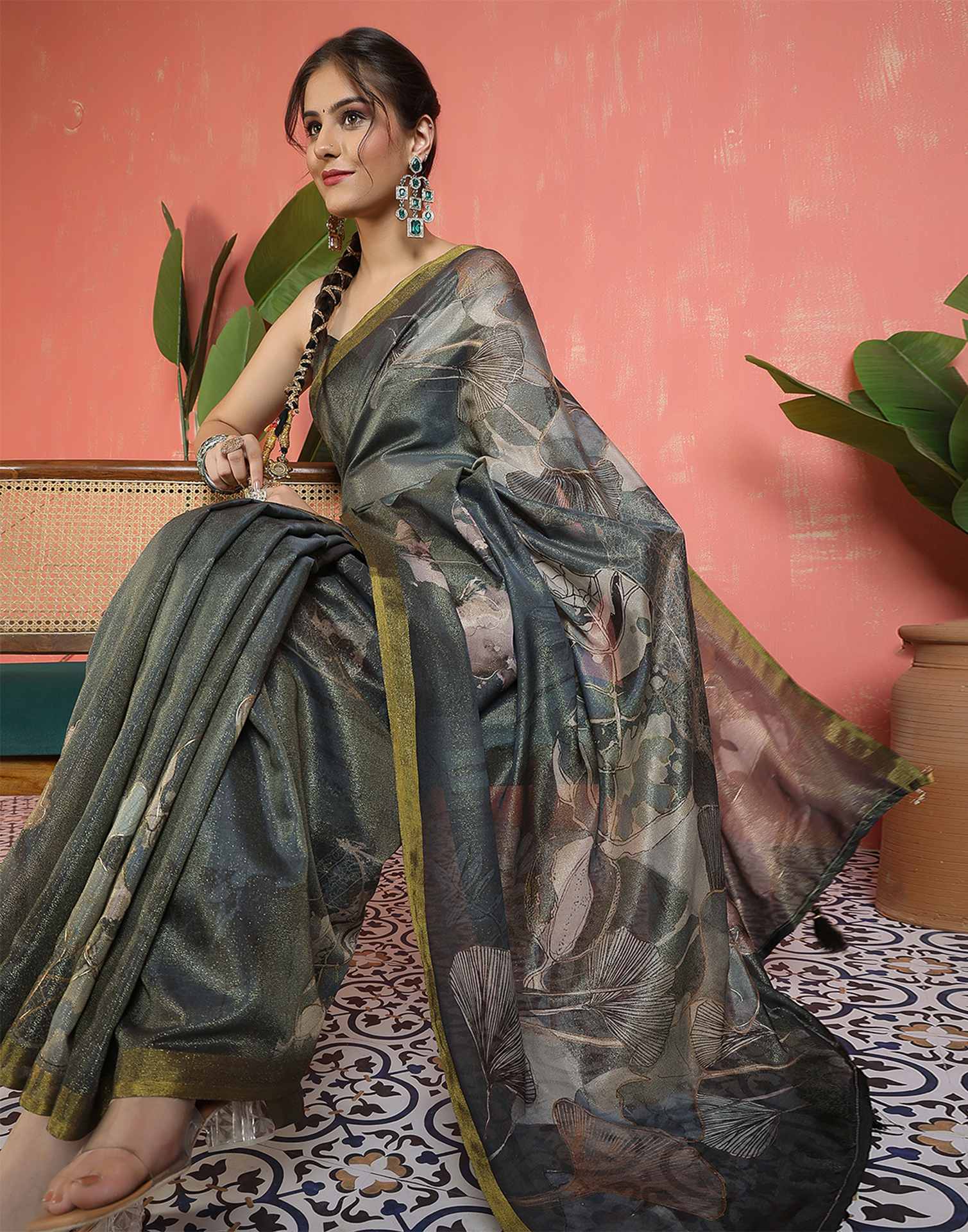 Dark Green Shimmer Printed Saree