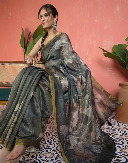 Dark Green Shimmer Printed Saree