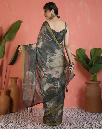 Dark Green Shimmer Printed Saree