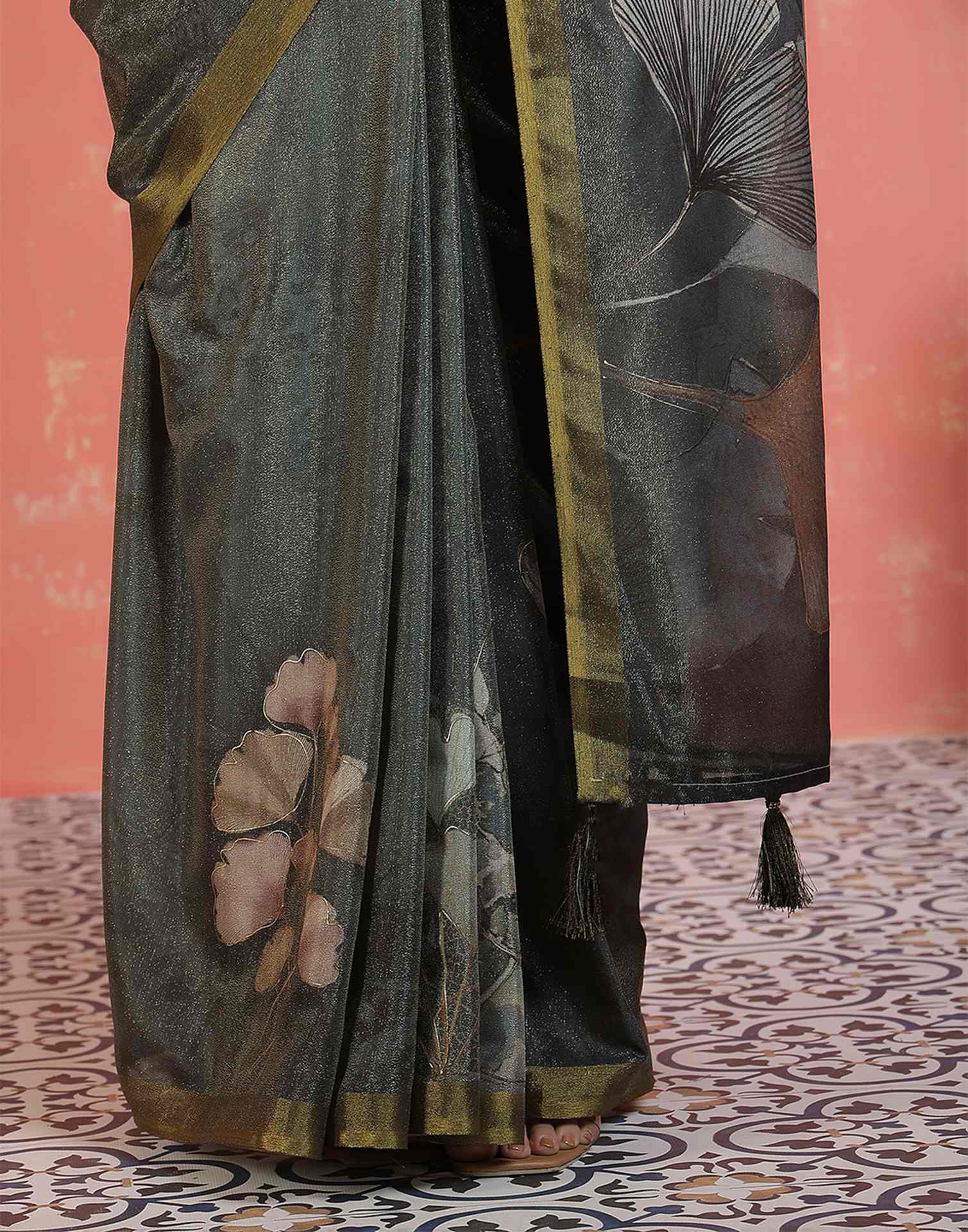 Dark Green Shimmer Printed Saree