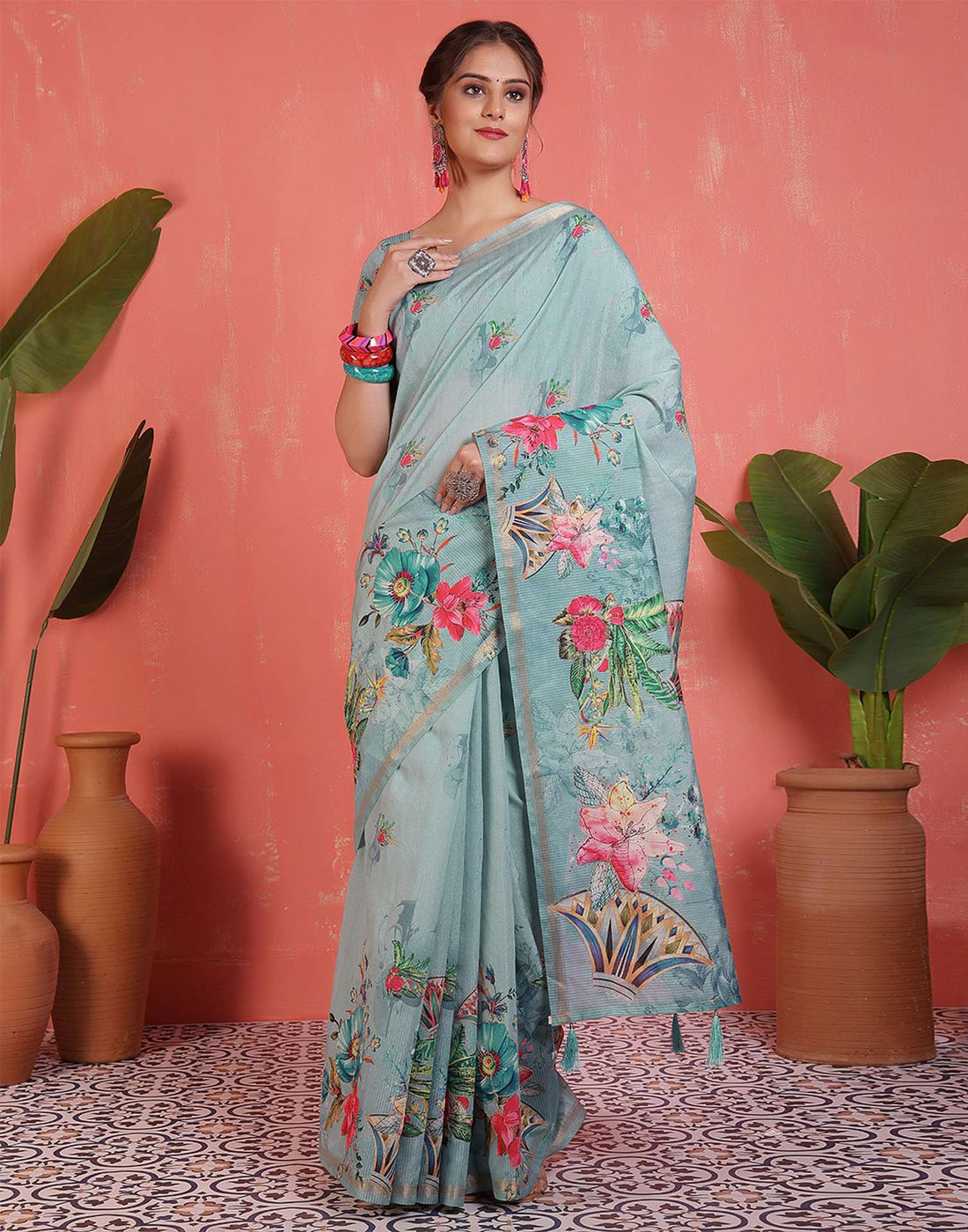 Light Turquoise Silk Printed Saree