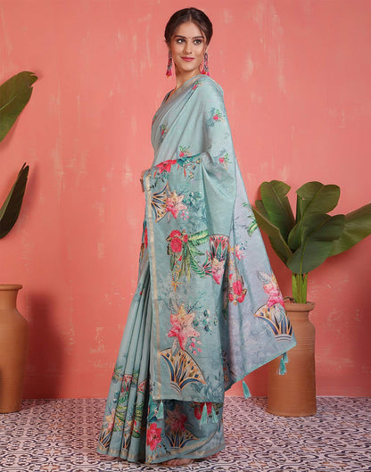 Light Turquoise Silk Printed Saree
