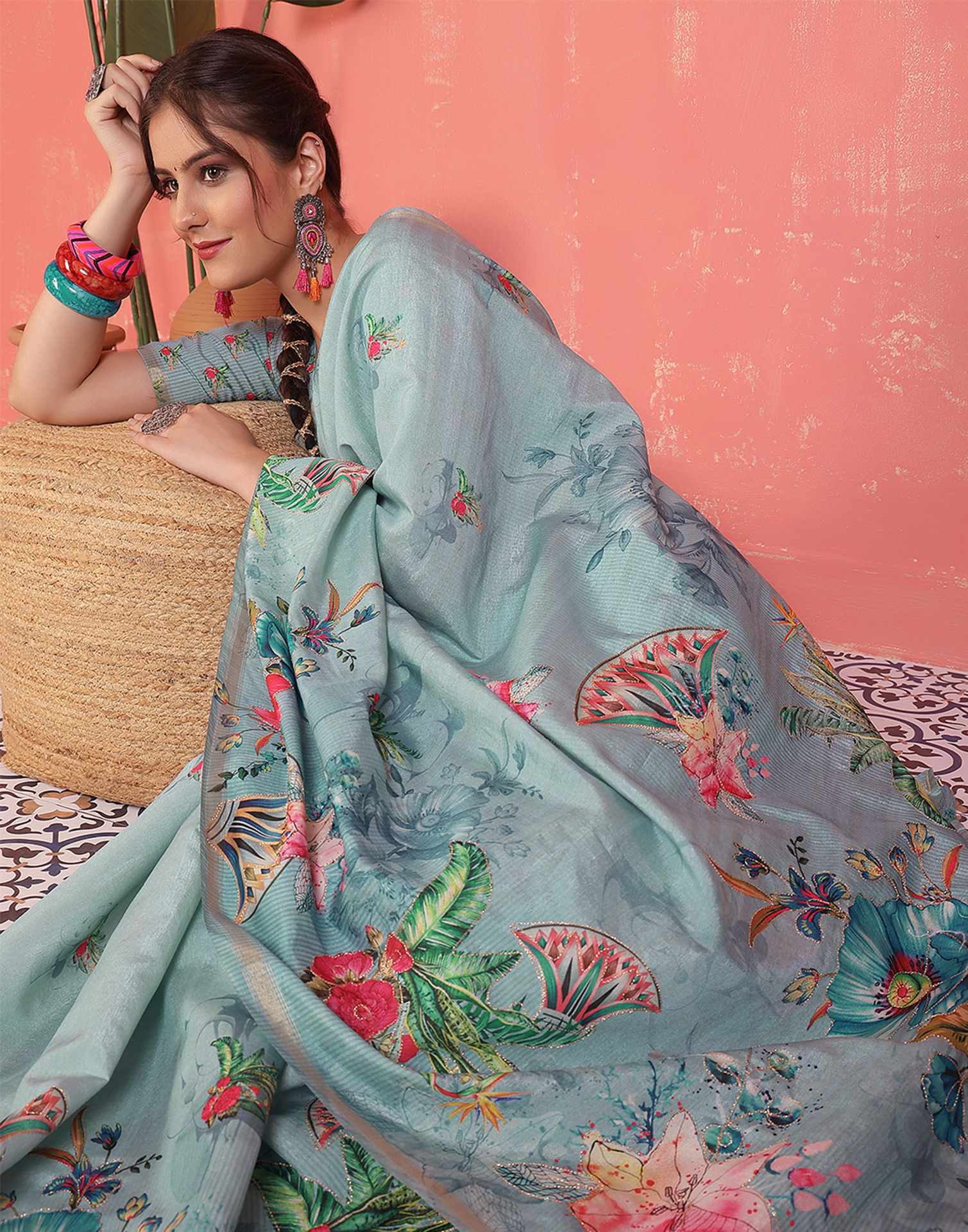 Light Turquoise Silk Printed Saree