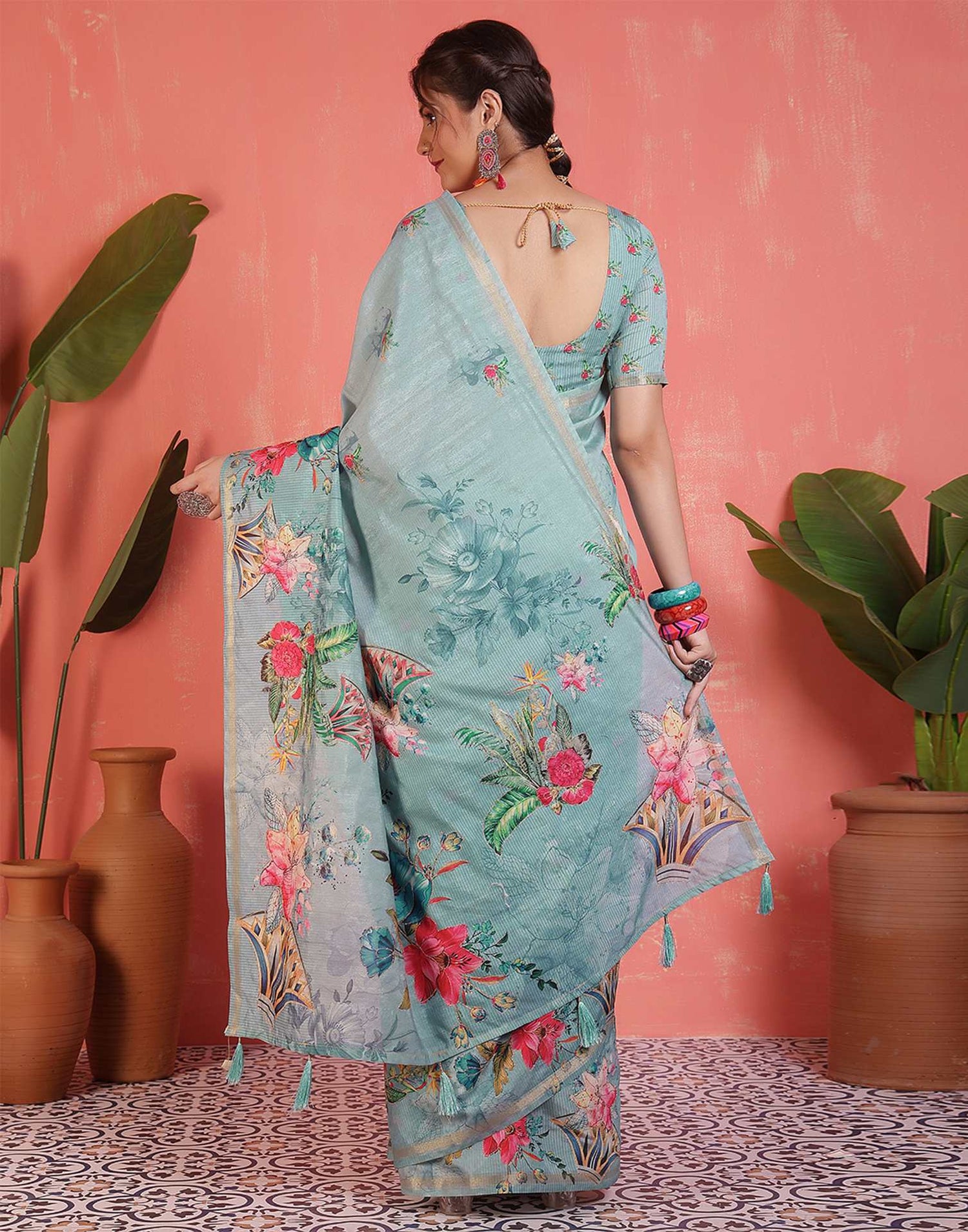 Light Turquoise Silk Printed Saree