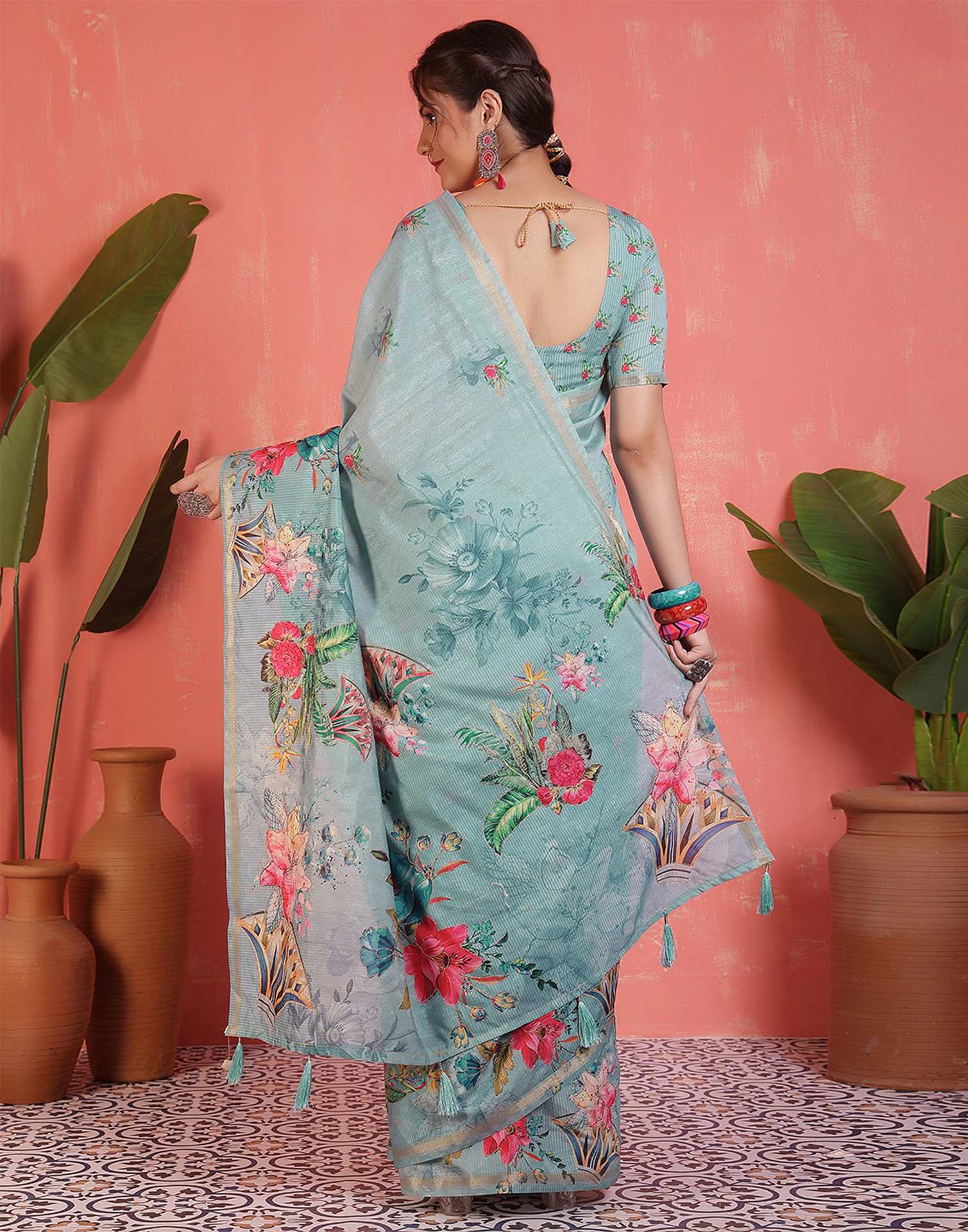 Light Turquoise Silk Printed Saree