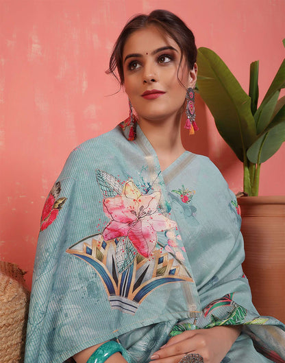 Light Turquoise Silk Printed Saree