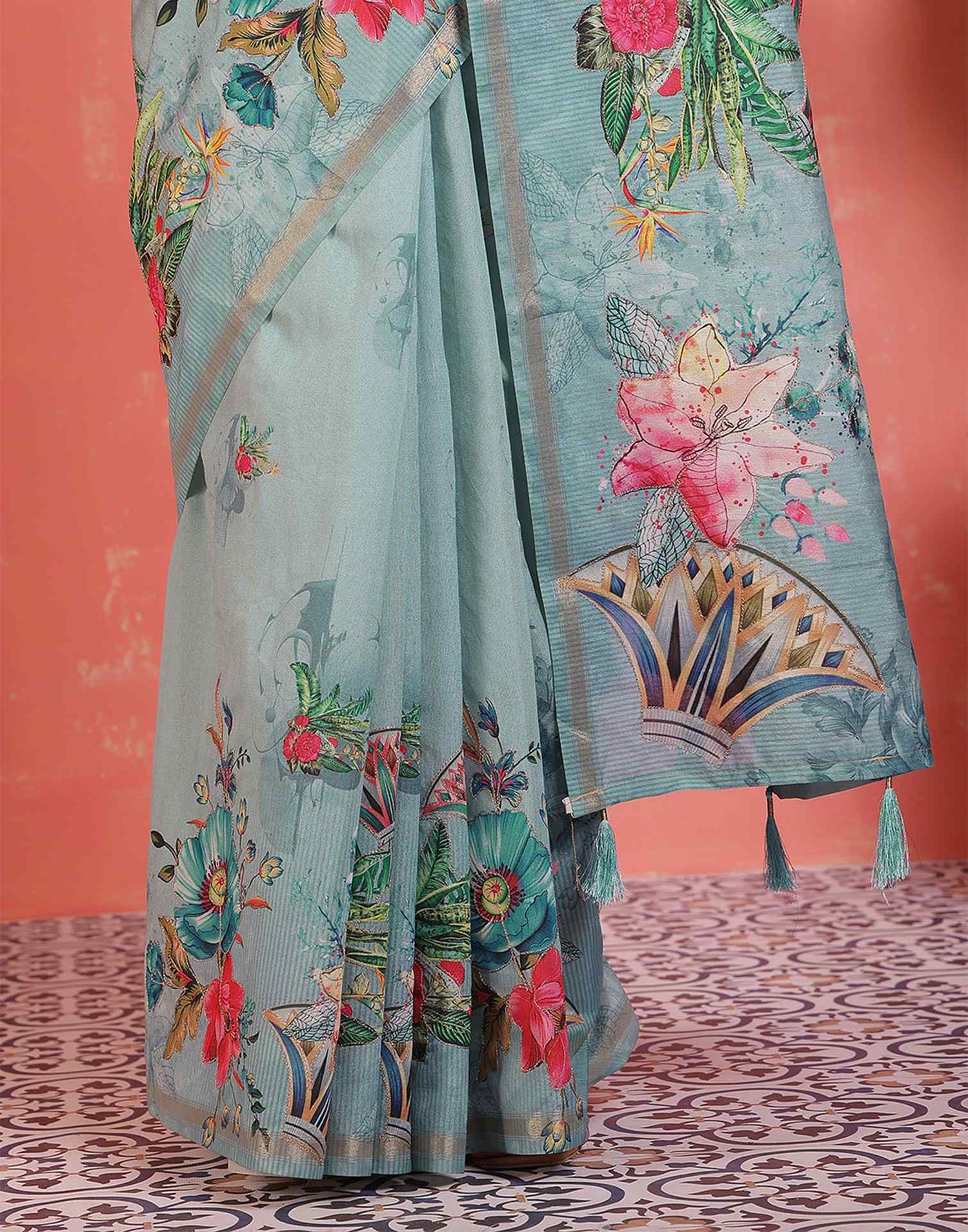 Light Turquoise Silk Printed Saree