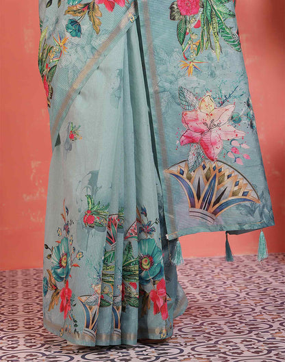 Light Turquoise Silk Printed Saree