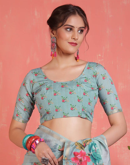 Light Turquoise Silk Printed Saree