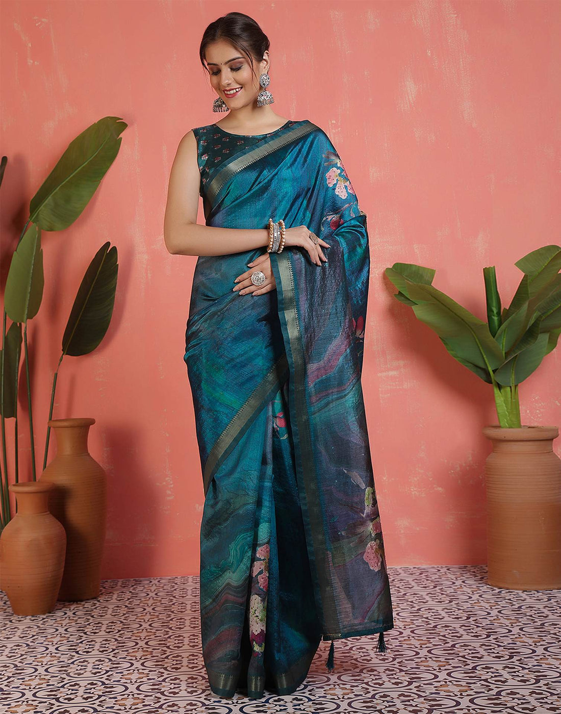 Rama Blue Silk Printed Saree